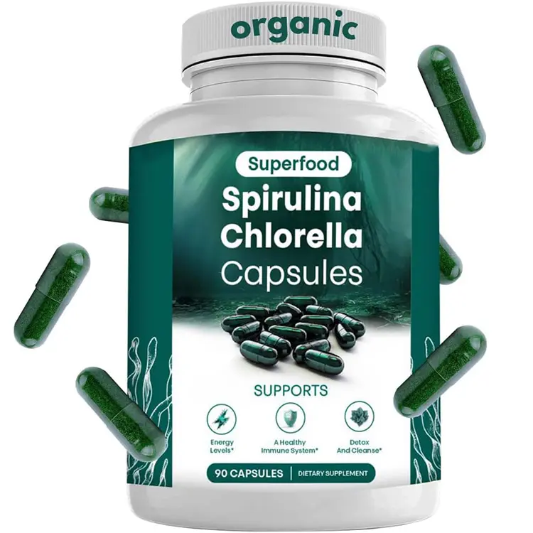 OEM ODM kapsul Spirulina dan klorella organik pil klorofil organik ganggang hijau biru untuk mendukung detoks kuat