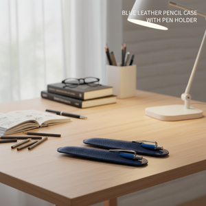Astuccio in pelle blu con portapenne per ufficio e scuola - Product Image 3