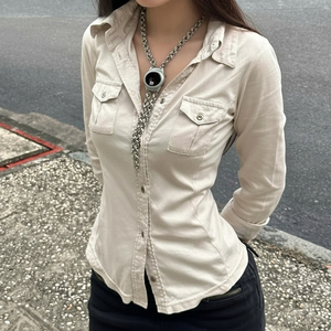 Retro Utility Style Pocket Shirt <b>Button</b> Front Collar Waist-Cinching Design Hot Girl Slimming Versatile Top - Product Image 3