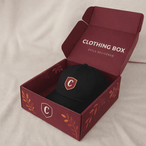 Premium Sturdy Burgundy Kraft Corrugated Self-locking Mailer <b>Box</b> for Cap Accessories Custom Logo Printed Clothing Apparel <b>Box</b> - Product Image 1