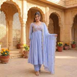 Awesome Sky Blue <b>Bead</b> Embroidered Chanderi Women's Party Ankle-Length Reversible Gown <b>Set</b> - Product Image 1
