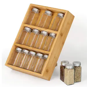 厨房橱柜抽屉用可调节3层竹制台面香料架收纳架