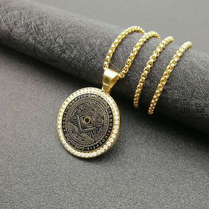 yunnique <b>Titanium</b> Steel Freemasonry Pendant Necklace Round Geometric Pyramid Design Pave Setting Unisex Gift Jewelry - Product Image 2