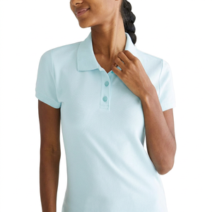 Polo de Manga Corta para Mujer, Color Azul Claro Sólido, 100% Algodón Piqué, Transpirable, Estilo Casual - Product Image 1