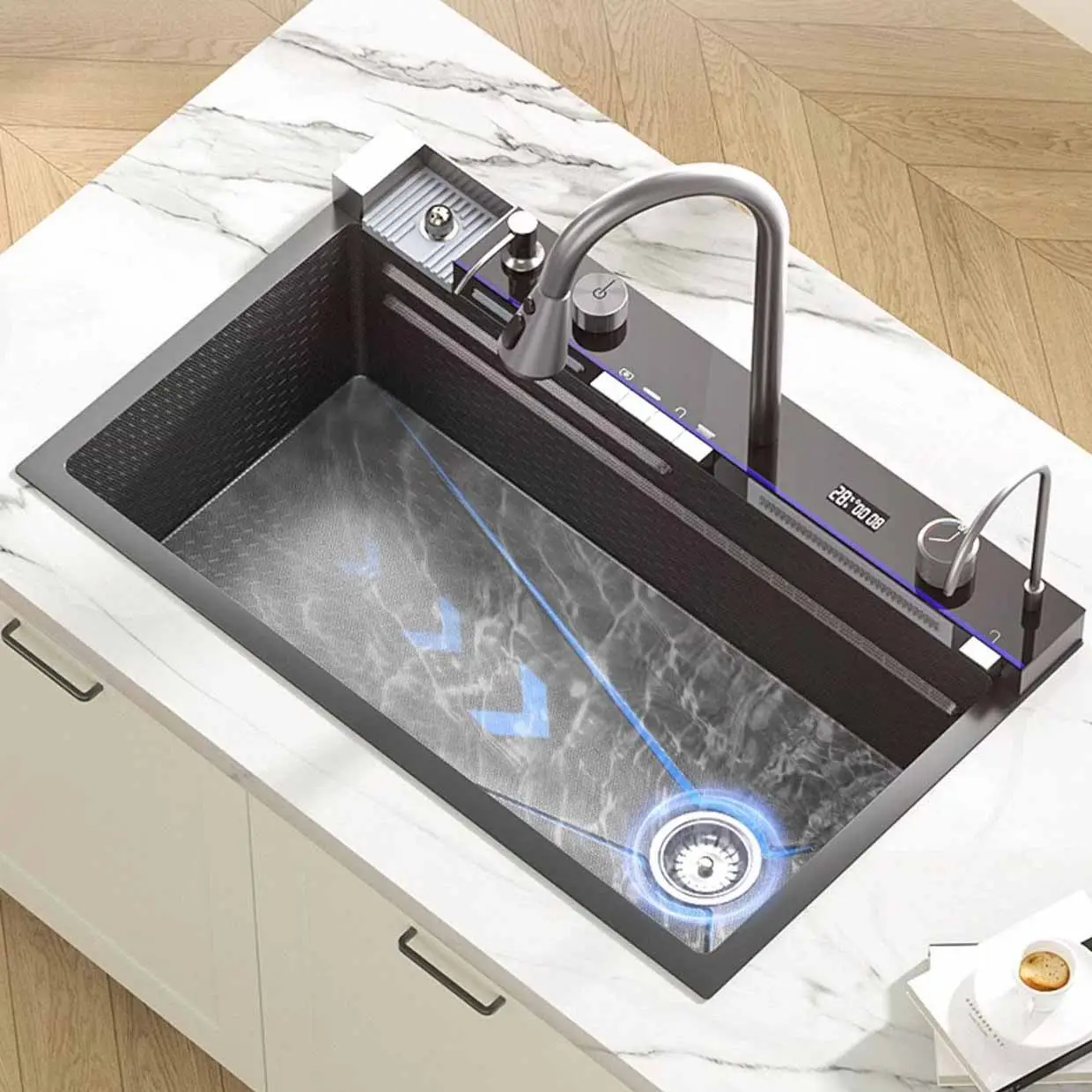 2024 Popular Large Single Slot Multifunction Sink Anti-Scratch LED Digital Display Waterfall Kitchen Sink