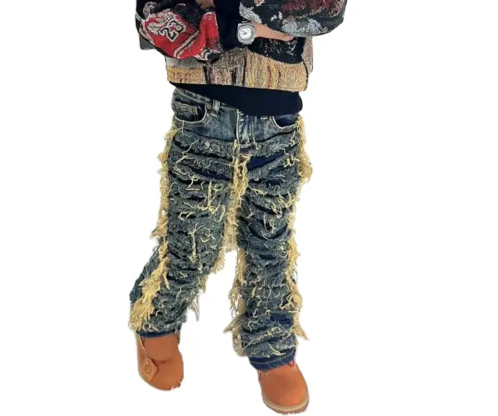ZhuoYang衣服高品質2-14歳新しいスタイルの男の子フリンジスタックジーンズ苦しめられたスリムフィットソフトストレッチデニムパンツ幼児用