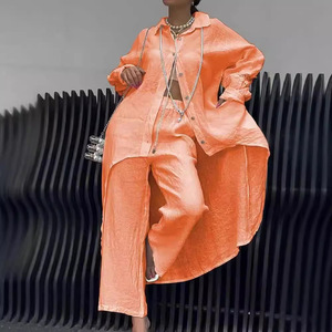 Ensemble décontracté pour femme, haut à manches longues et pantalon à ourlet irrégulier, rouge, polyester et élasthanne, style Europe-Amérique - Product Image 3