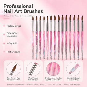 Ensemble de pinceaux à ongles en acrylique Kolinsky, manche en cristal rose irisé pour la peinture au gel UV, salon de manucure, nail art - Product Image 1