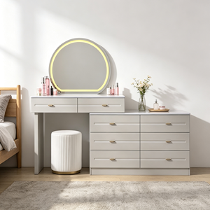 Modern Makeup Vanity <b>With</b> Lighted Oval Mirror And Storage <b>Drawers</b> Bedroom <b>Dressing</b> <b>Table</b> - Product Image 6