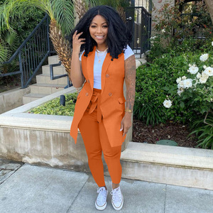 Conjunto de Dos Piezas para <span class=keywords><strong>Mujer</strong></span> de Oficina, <span class=keywords><strong>Blazer</strong></span> sin Mangas, <span class=keywords><strong>Chaleco</strong></span> Sólido con Pantalones con Cordones, Vestidos Elegantes Casuales para el Trabajo - Product Image 3