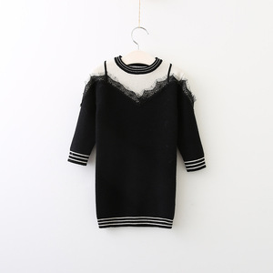Nouveau pull pour fille, style coréen, couleur noire, longueur genou, avec dentelle - Product Image 4