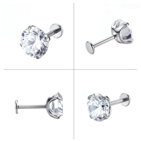 TT ASTM F136 G23 Titane à filetage interne, Zircon cubique rond, 16G, Clous d'oreille à dos plat, Boucles d'oreille pour cartilage, Labret, Plaqué or, Bijoux de piercing