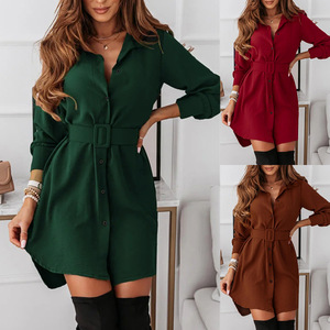 Robe d'été décontractée pour femme, coupe ample et respirante, col en V, 100 % polyester, avec ceinture, longueur genou, couleur unie - Product Image 2