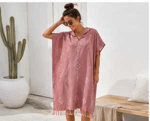 Commercial Beach Hooded Poncho Towel Wholesale Turkish Cotton Striped Fringed Changing Towel Robe For Surf Beach - Product Image 3