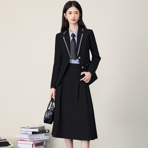 Women's Black Suit <b>Set</b> Midi Skirt Slim Fit Professional <b>Office</b> Lady Anti-Wrinkle Polyester Formal Wear - Product Image 1