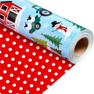 Blue Reversible Christmas Wrapping Paper 17x33 Feet Farm Theme With Sheep Snowman Trees Red Polka Dots Gift <b>Wrap</b> - Product Image 1