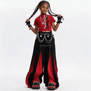Vêtements pour enfants personnalisables, tenues <span class=keywords><strong>d</strong></span>'été pour filles en rouge et noir, vêtements de danse jazz hip hop pour enfants - Product Image 4