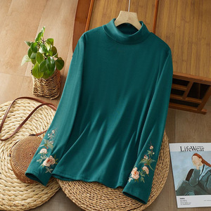 Women's Embroidered High Neck Long Sleeve T-Shirt Slim Fit Soft Warm Inner <b>Layer</b> <b>Top</b> Autumn Winter Clothing - Product Image 4