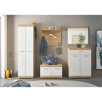 Meuble d'entrée moderne en chêne blanc, arbre d'entrée, ensemble de 5 pièces très brillant avec étagère à chaussures artisanale, banc, miroir, rangement durable
