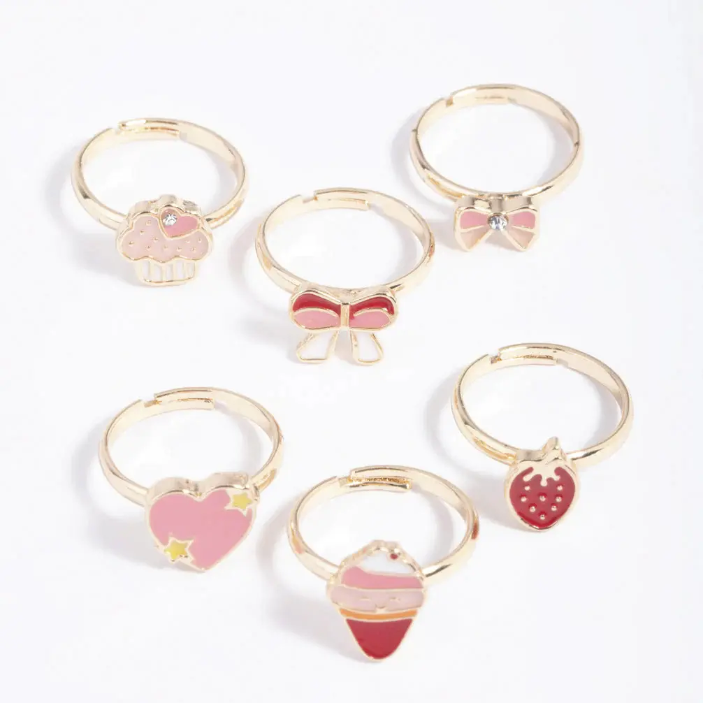 ZYO Rose Gold Plated Fruit Flower Butterfly Shape Rings Adjustable Kids Rings Enamel Pink Cute Rings for Teens and Kids