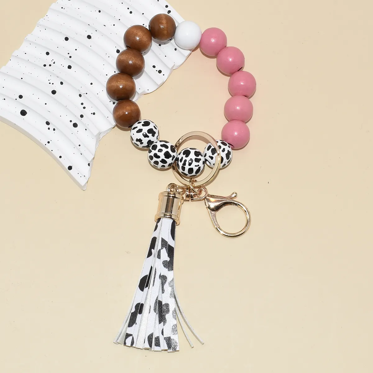 Bracelet porte-clés en perles de bois roses et blanches imprimé vache Design simple