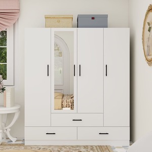Modern Ayaklı Beyaz 4 Kapılı Gardırop Dolap, Boy Aynası, Askı Çubukları ve 3 Çekmeceli - Product Image 1