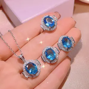 Top Quality Elegant Pendants Necklace Rings Earrings Blue Topaz Wedding Jewelry Sets For Women With Chain Necklace