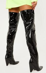 Bottes à talons compensés très longues pour femmes, à bout pointu, talons compensés hauts, bottes cuissardes, chaussures en cuir verni effet miroir, bottes au-dessus du genou - Product Image 5