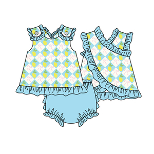 GBO0521 Ensemble de vêtements décontractés pour fillette, style personnalisé sans MOQ, avec nœuds roses et imprimé citron, sans manches, culotte courte, vente en gros pour enfants - Product Image 1