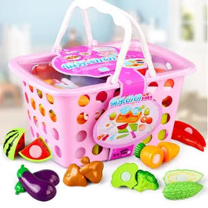 Mini Shopping Grocery Cart Toy with Pretend Play Food and Accessories Set 17 Pieces Cutting Vegetable Fruit Cookware Toy