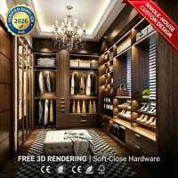 Système de dressing sur mesure de luxe avec éclairage LED, grain de bois foncé, en forme de L, penderie ajustable, assemblé