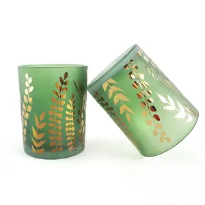 21oz green sandblasted candle jars with gold leaf pattern modern stylish candle holders for wedding