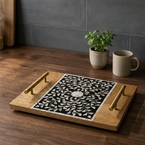 Plateau de service décoratif moderne en bois pour mariage, incrustation nacre, motif floral noir et blanc, poignée mobile en laiton pour la décoration - Product Image 3