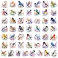 50 autocollants PET en aquarelle d'oiseaux de la forêt, motifs floraux colorés lavande, décoratifs et imperméables pour cahiers, gobelets et cadeaux