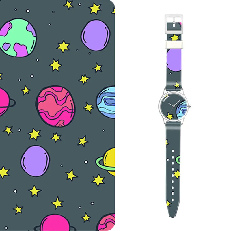 Custom Cartoon Sterren Student Horloge Maak Uw Eigen Merk Plastic Horloge Cosmos Foto Gedrukt Horloge Gezicht en Band