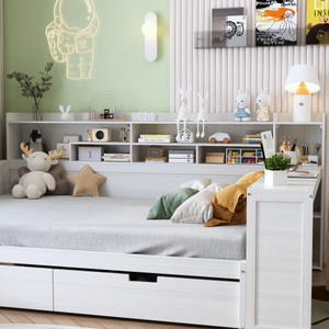 Wooden Twin Size Daybed with Storage Shelves, Multi-functional <b>Bed</b> with Two Storage Drawers and Study Desk, Antique White - Product Image 3