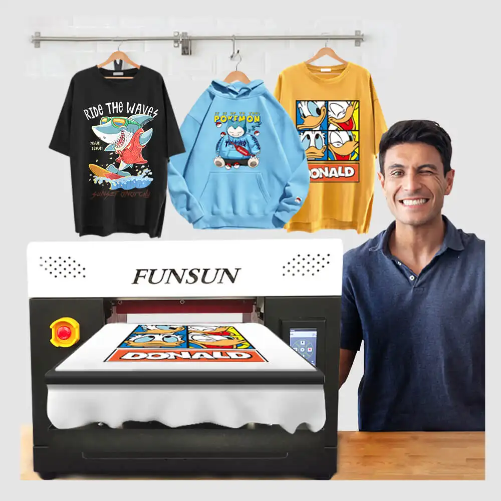 Funsun DTG طابعة A3 حجم 6 ألوان T آلة طباعة على القمصان البيضاء والداكنة الملابس مباشرة إلى الطابعة الملابس