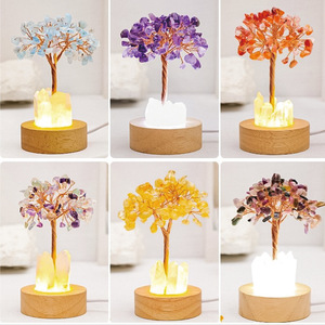 Árbol de la Abundancia de Cristal Natural, Pequeña Lámpara Nocturna, Clúster de Cristal Amarillo y Blanco, Luminoso, USB, Decoración de Ambiente para Mesita de Noche, 9 Cristales - Product Image 2