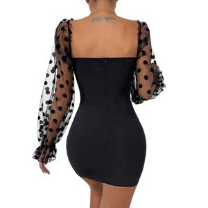 Abito tubino a <span class=keywords><strong>pois</strong></span> increspato con collo quadrato in pizzo a maniche lunghe aderente con volant - Product Image 2