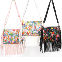 Sacs à bandoulière en cuir souple à pompons, imprimé floral, sacs à main en cuir bohème, sacs à main de style occidental pour femmes, bandoulière avec franges