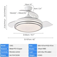 Ventilateur de plafond 725C moderne à moteur DC, 42 pouces, 6 vitesses, 29 dB, faible bruit, avec lampe LED et pales invisibles, télécommande, design épuré tricolore