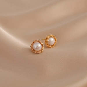 WENCHI 1573 <b>Handmade</b> Women's Pearl Stud <b>Earrings</b> with Twist Design - Product Image 5