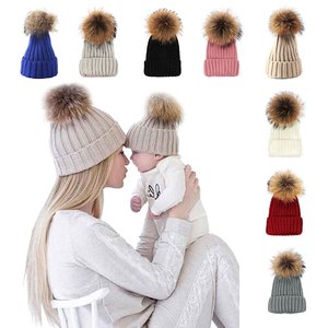 Manufacturer Parent-Child Hat Warmer Winter Warm Knit Hat Real <strong>Pom</strong> Family Crochet <strong>Beanie</strong> Ski Cap for Mother Baby Daughter/Son - Product Image 1