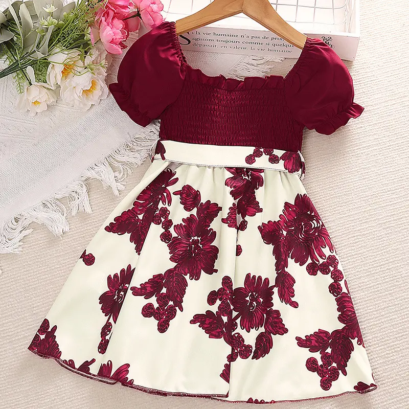 Polyester Modern Party Dress Red Floral Print Design Casual Fancy Frock For Fashion Kids Baby Girls