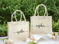 Sacs fourre-tout en toile personnalisés pour demoiselles d'honneur avec logo sur mesure - Sacs cadeaux de mariage pour la plage à ouverture ouverte, été et automne