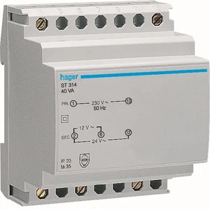 Trasformatore di Sicurezza Hager St 314 da 230V a 12/24V AC 40VA, Moduli 4 DIN - Product Image 1