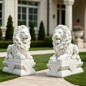 Statues de lions couchés en marbre naturel de qualité supérieure, sculpture de lion en pierre blanche sculptée à la main pour l'entrée d'hôtels et de villas - Product Image 5