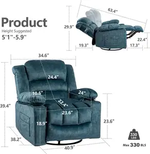 Recliner Chair Massage Rocker with Heated Modern Ergonomic Lounge 360 Degree Swivel Single Sofa Seat Living Room Lounge Recliner