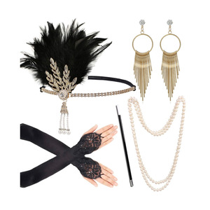 1920s femmes Vintage Flapper Gatsby Costume accessoires ensemble 20s bandeau perle collier Anime boucle d'oreille ensemble - Product Image 1
