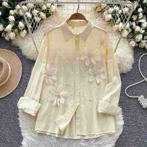 Blusas Casuales de Manga Larga Tejidas Estilo Vintage para Otoño, Transpirables, con Estampado Floral y Diamantes, Elegantes, Bordadas en la Parte Delantera - Product Image 2